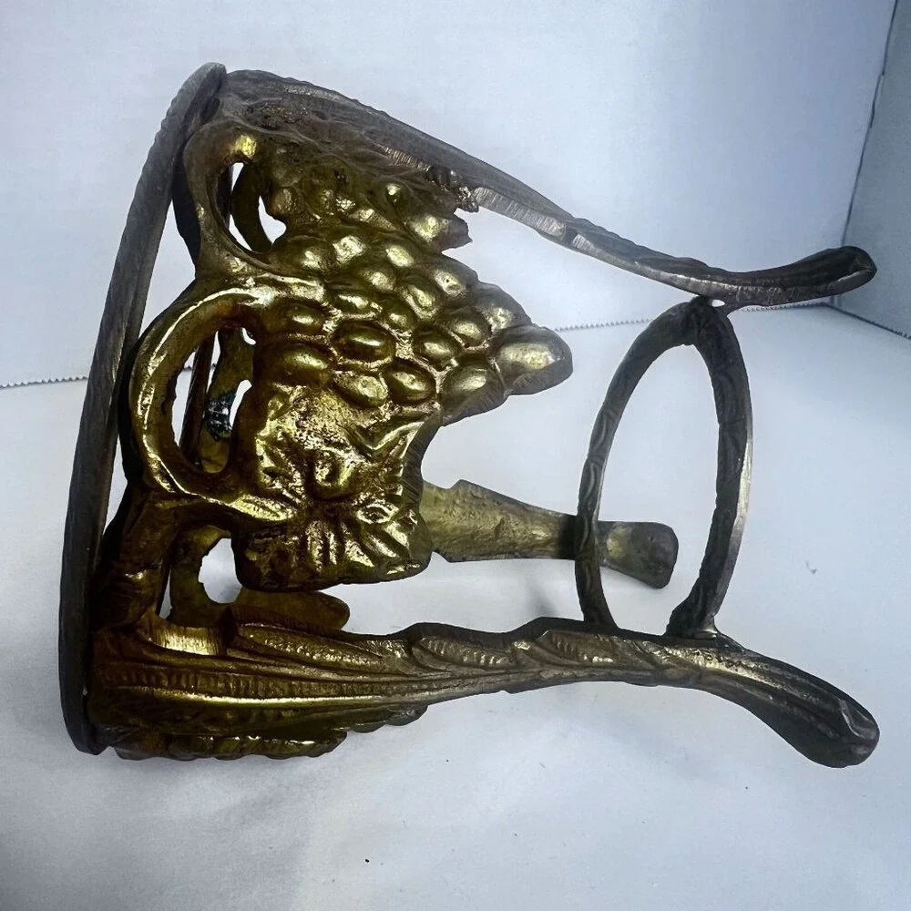 Vtg Brass Crackle Glass Candle‎ Holder Vase Compote Bowl Grape Motif Design **
